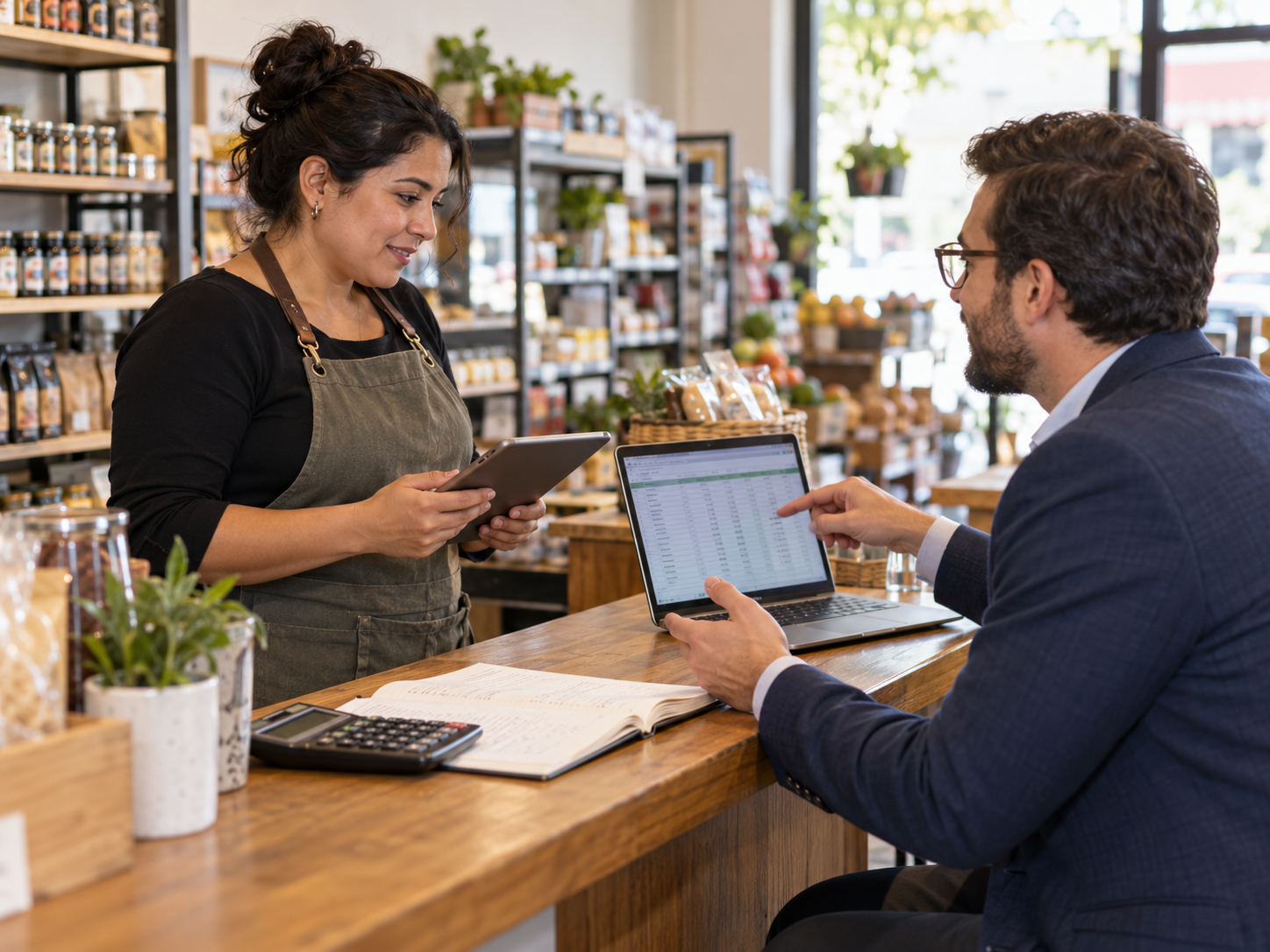 Comerciante y contador revisan los registros del negocio en una tienda
