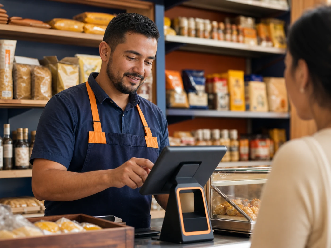 Comerciante colombiano atendiendo su negocio con un punto de venta