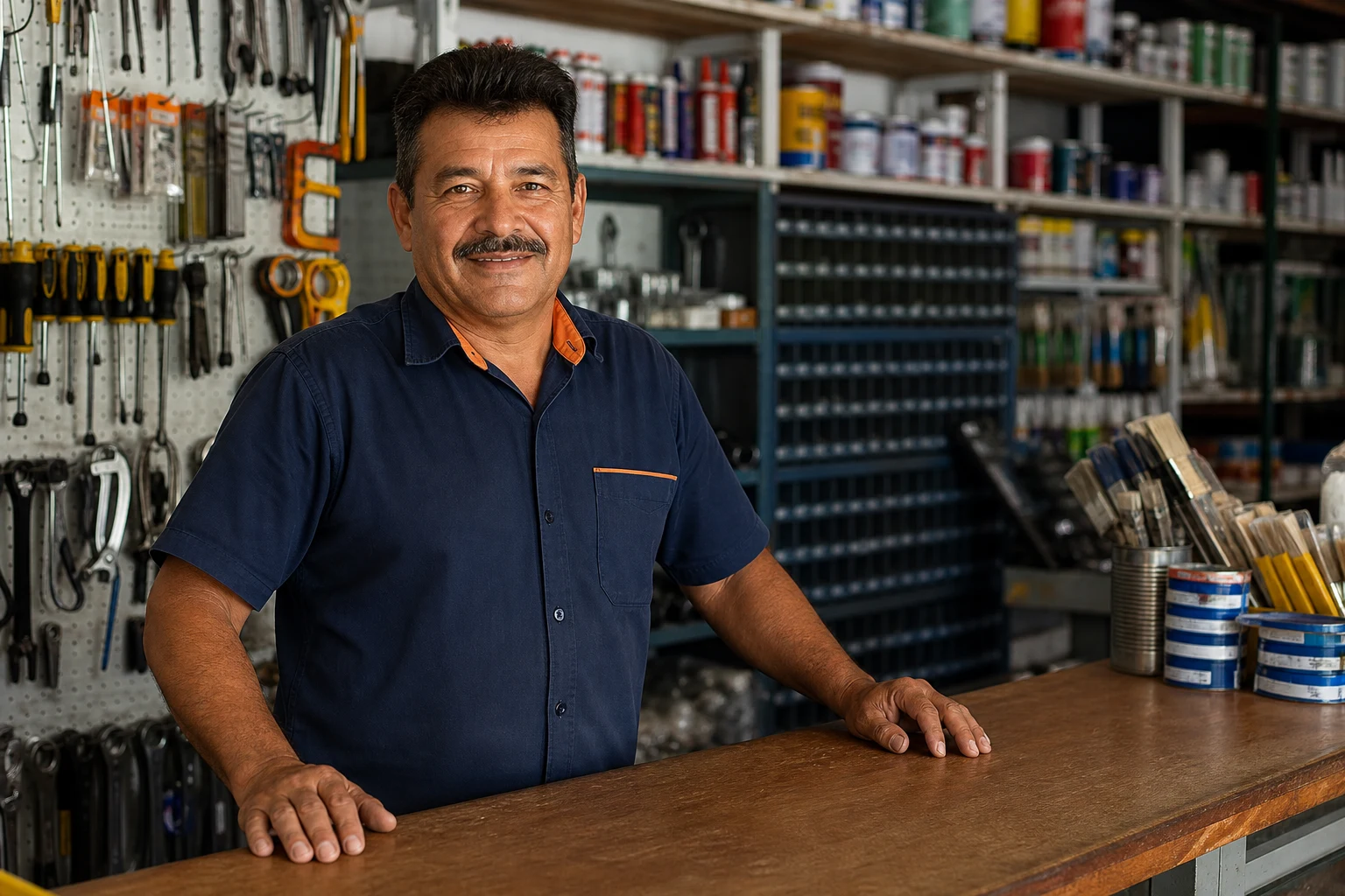 Dueño de una ferretería mirando a cámara y sonriendo