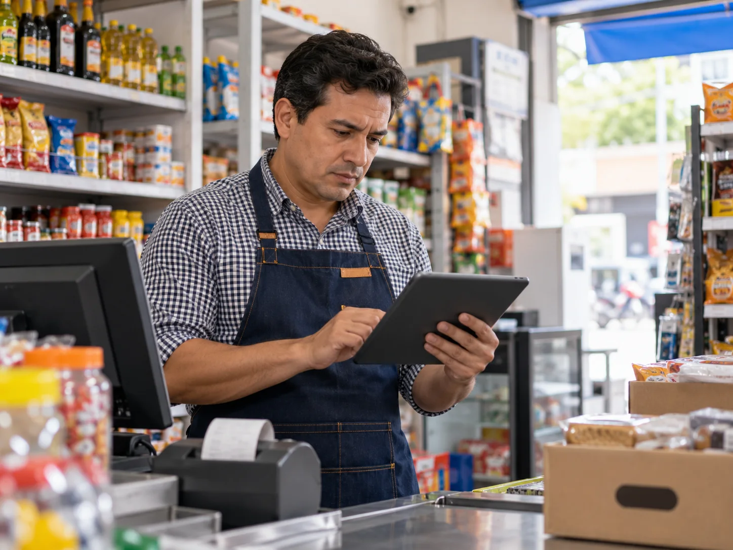 Comerciante revisa los registros de su tienda en una tableta