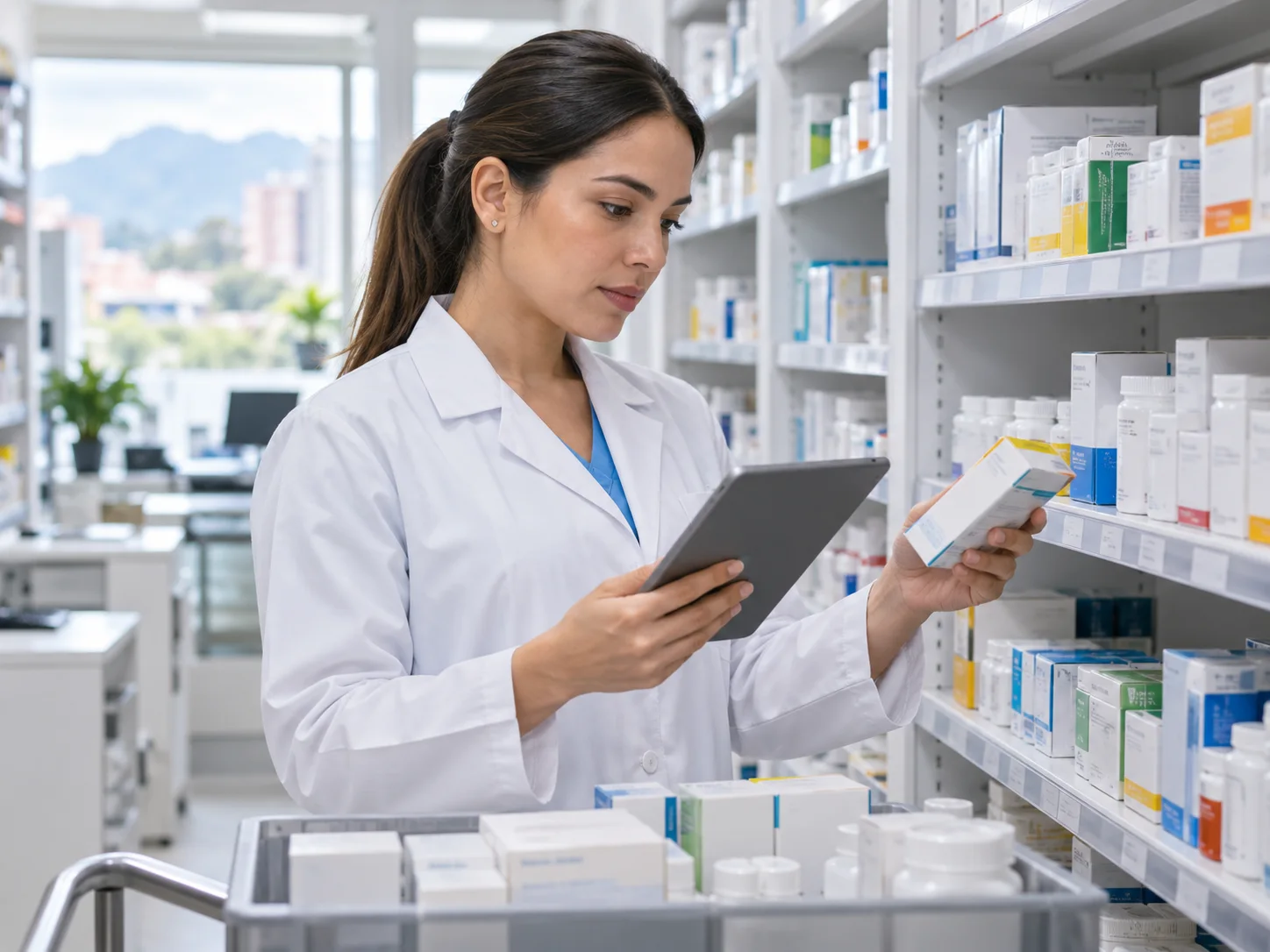 Farmacéutica revisa en una tablet los lotes y vencimientos de los productos