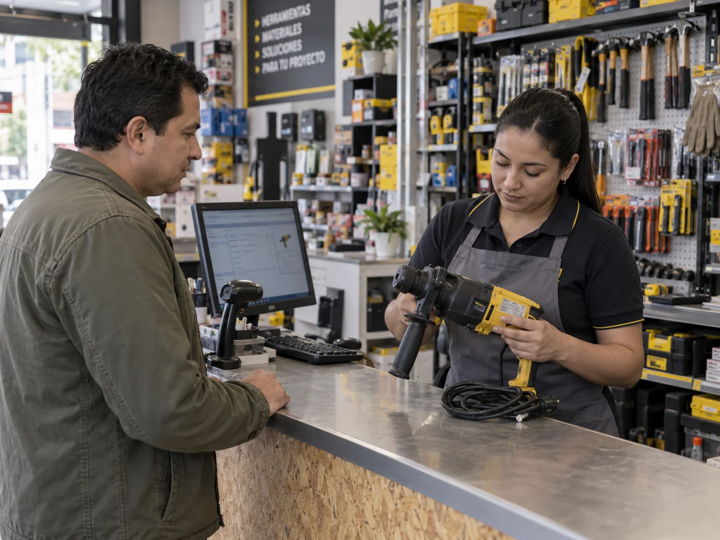 Empleado consulta el serial de una herramienta en el POS al gestionar una devolución