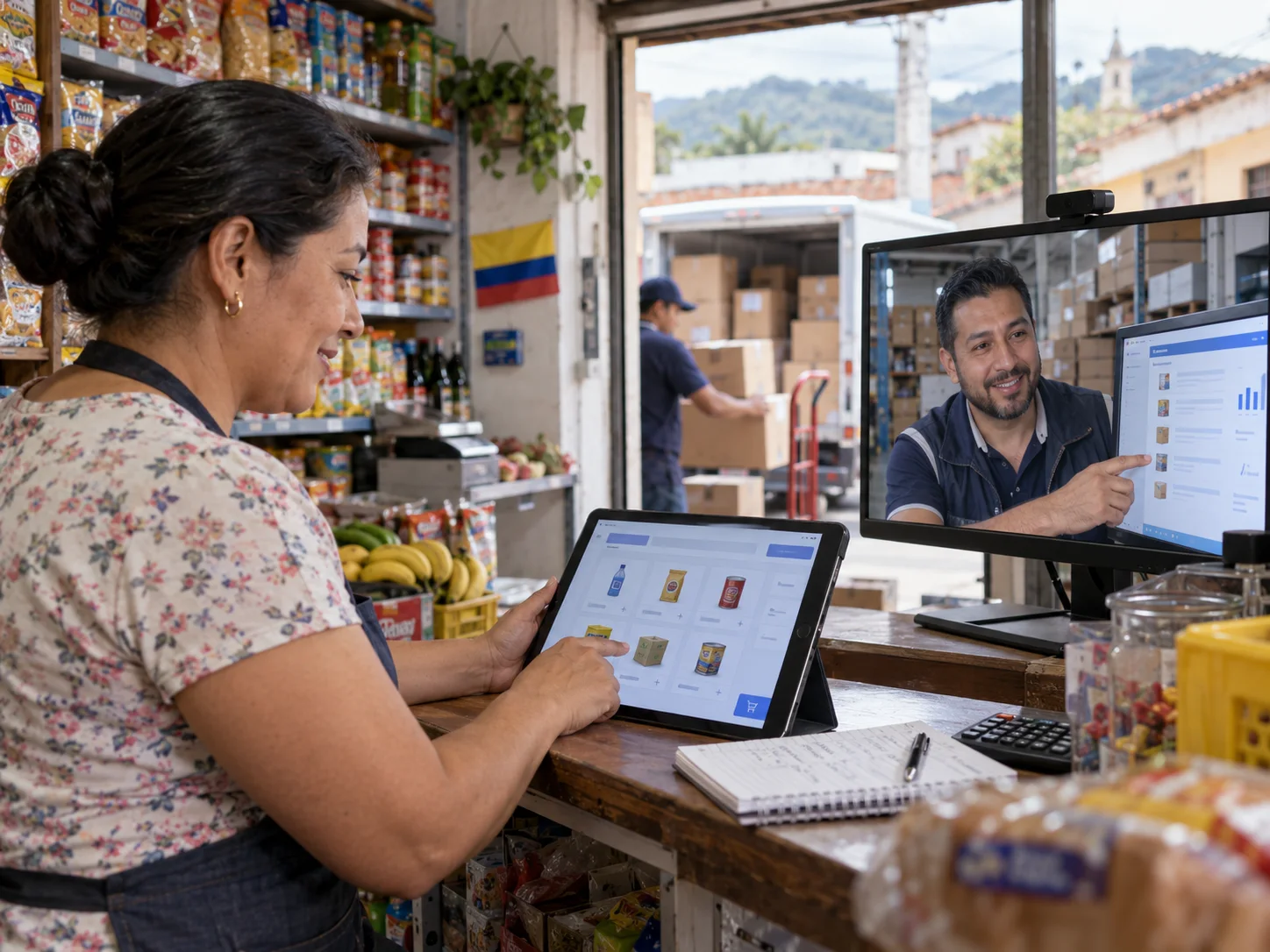 Cliente mayorista realiza un pedido en línea desde una tablet mientras la distribuidora lo recibe