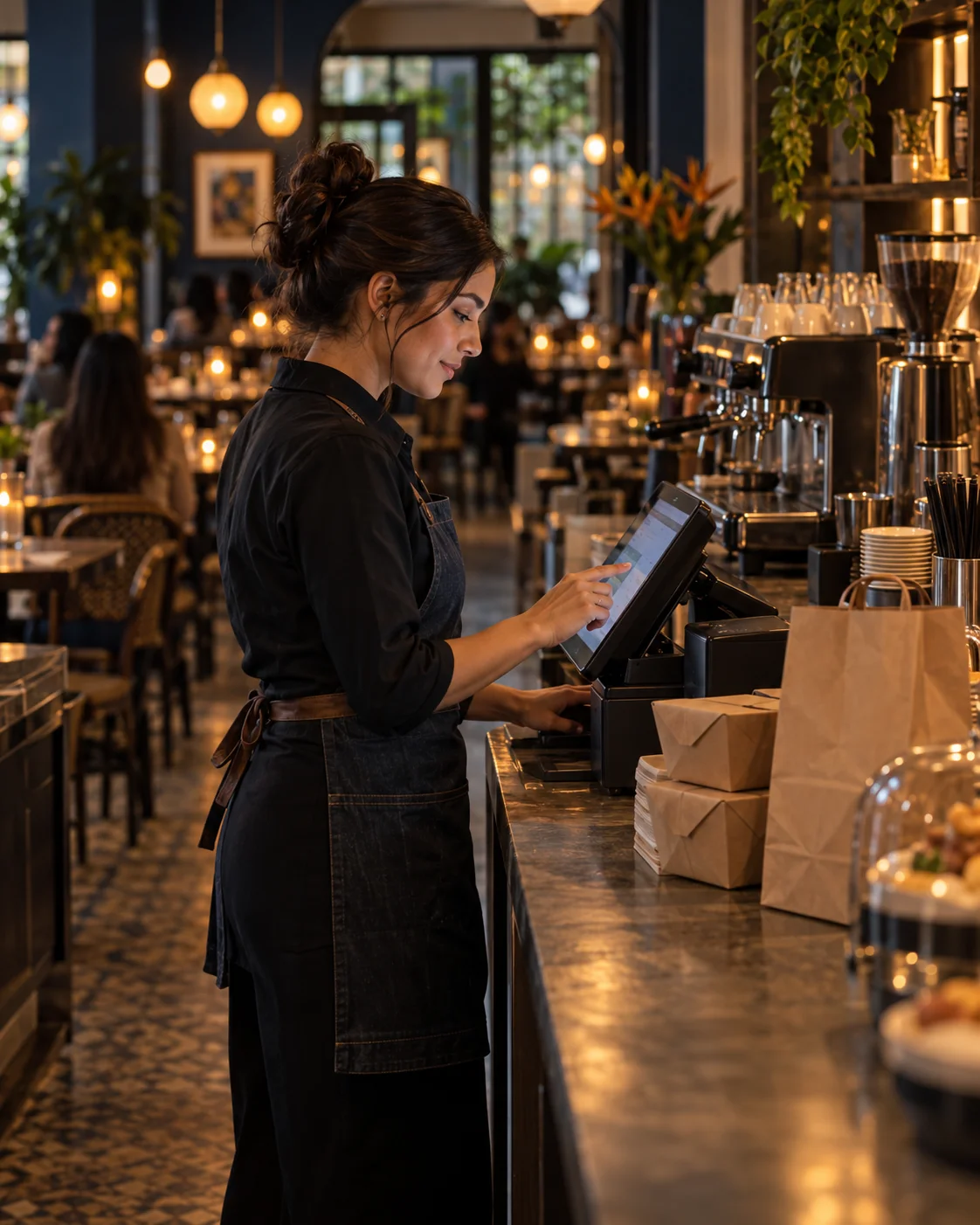 Dueño de restaurante revisando sus ventas en una tableta