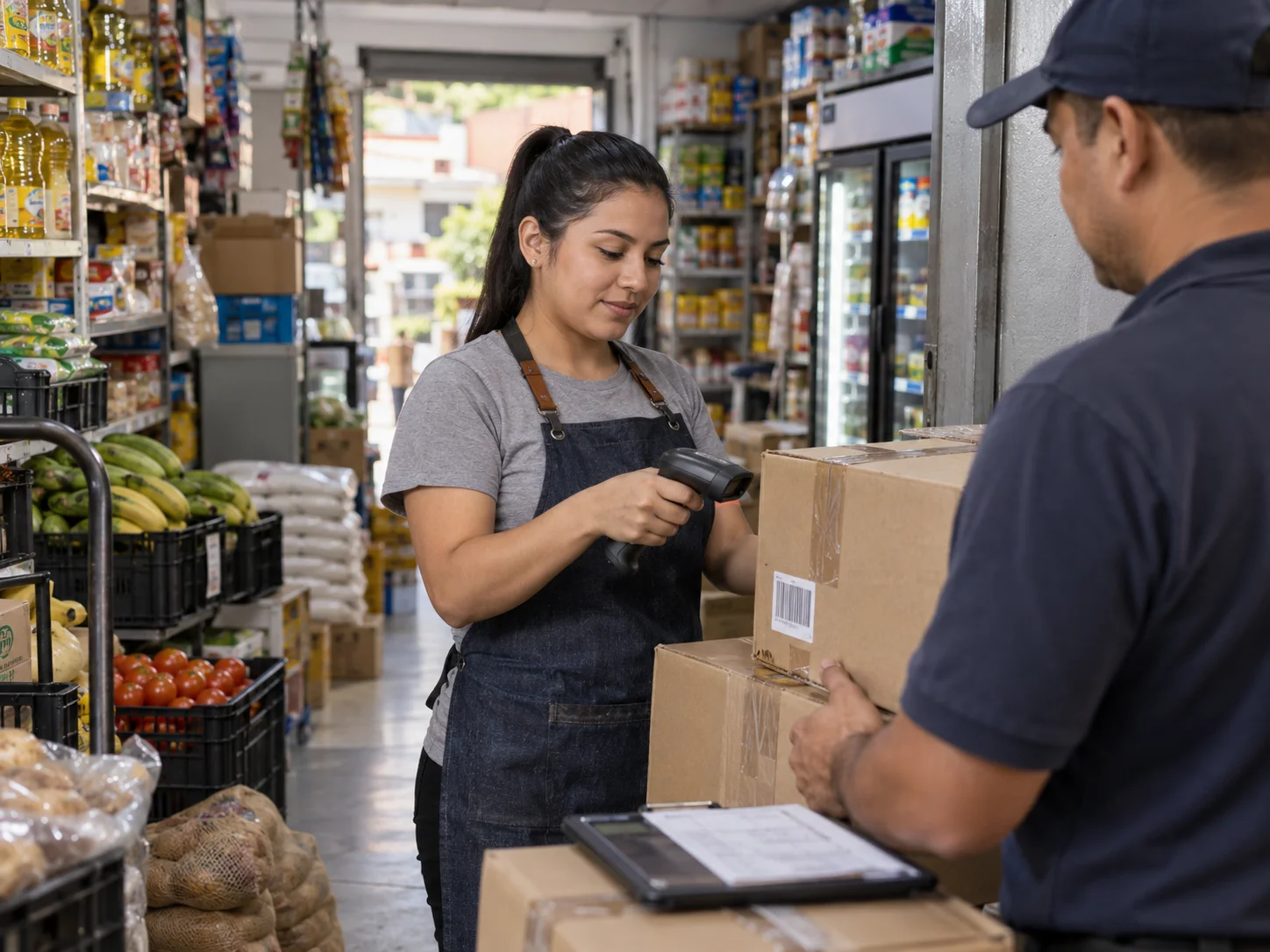Tendero recibe y registra con un lector una entrega de productos de su proveedor